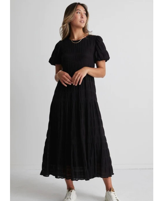 Ivy + Jack Graceful Shirred Bubble Sleeve Tiered Maxi Dress 