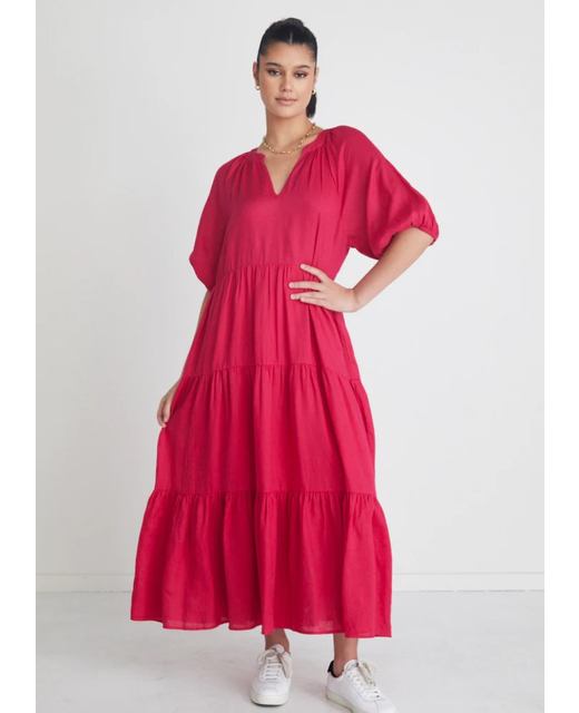 Ivy + Jack Santorini Linen Puff V-Neck Tiered  Maxi Dress